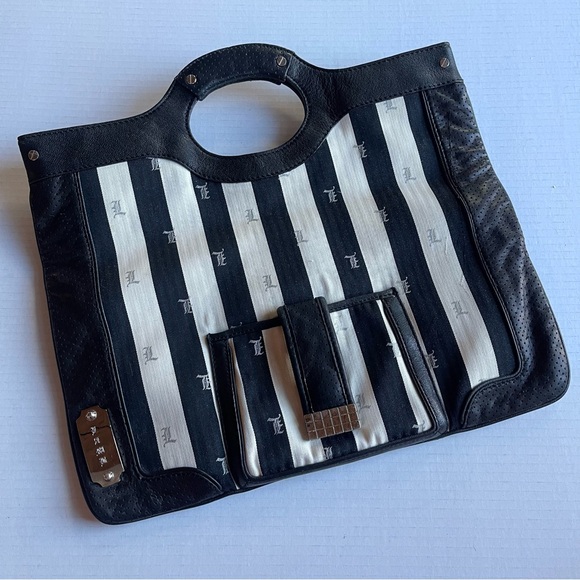 L.A.M.B. Gwen Stefani Black White Silver Stripe Leather Bag Clutch Tote Vintage - Picture 11 of 12